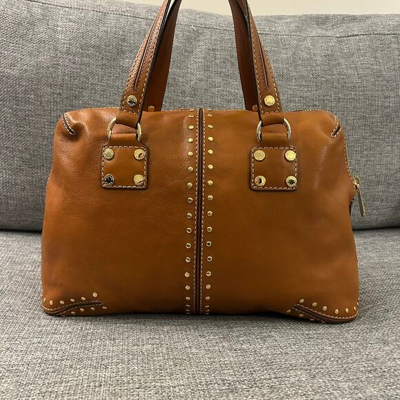 NEW Vintage Michael Kors Astor Studded Leather Satchel Bag Camel Gold Hardware - Picture 12 of 16